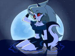  2024 anthro blue_moon bottomwear breasts canid canid_demon canine cleavage clothed clothing collar demon ear_piercing female fingerless_gloves full_moon fur gloves grey_hair hair hand_behind_head hand_in_hair handwear hellaverse hellhound helluva_boss long_hair looking_aside loona_(helluva_boss) mammal midriff moon mythological_canine mythological_creature mythology night partially_submerged piercing pose red_sclera reflection shorts sitting sky solo spiked_collar spikes star starpaintart touching_hair white_body white_eyes white_fur 