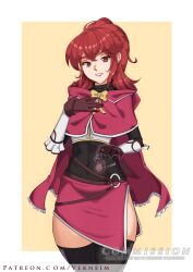  anna_(fire_emblem) black_thighhighs bow cape commission covered_navel cowboy_shot female fire_emblem gloves grin hand_on_own_chest long_hair looking_at_viewer miniskirt red_cape red_eyes red_hair red_skirt skirt smile solo standing thighhighs vekneim watermark yellow_bow 