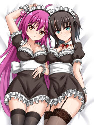  2girls \||/ ahoge alternate_costume alternate_hairstyle aoi_erika aqua_eyes arm_behind_back arm_up back_bow bed_sheet black_dress black_hair black_thighhighs blush bow bowtie breasts cleavage closed_mouth collarbone commentary_request company_connection crossover detached_collar dress enmaided frilled_dress frilled_sleeves frilled_wrist_cuffs frills futaki_kanata garter_straps hair_between_eyes hair_bobbles hair_ornament hand_on_own_stomach heaven_burns_red highres key_(company) large_breasts little_busters! long_hair looking_at_viewer lying maid maid_headdress multiple_girls on_back puffy_short_sleeves puffy_sleeves purple_hair red_bow red_bowtie short_dress short_hair short_sleeves side-by-side smile split_mouth straight_hair tamba_i thighhighs two_side_up very_long_hair white_bow white_wrist_cuffs wrist_cuffs yellow_eyes zettai_ryouiki 