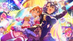  2girls arm_up baba_konomi black_bow blue_hair blue_leotard blue_nails bow breasts brown_eyes card_commentary clenched_teeth commentary_request crown fingernails game_asset gloves green_eyes hairbow heart heart-shaped_eyes idolmaster idolmaster_million_live! idolmaster_million_live!_theater_days large_breasts leotard long_sleeves mini_crown multiple_girls nail_polish navel official_alternate_costume official_art open_mouth pantyhose polka_dot polka_dot_pantyhose sequins short_hair side-by-side teeth thighhighs third-party_source toyokawa_fuka white_gloves 