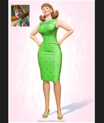  artist_name brown_hair dress eyeshadow female full_body green_dress green_eyeshadow highres jewelry jimmy_neutron_(series) judy_neutron looking_at_viewer makeup male_focus metatwotimes necklace patreon_username pearl_necklace pillarboxed polka_dot polka_dot_dress reference_inset sleeveless sleeveless_dress web_address 