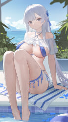  absurdres argus_(azur_lane) argus_(dignified_swimsuit_training)_(azur_lane) asymmetrical_bangs azur_lane bikini blue_bikini blunt_bangs braid breasts chinese_commentary ciexbiet cleavage commentary_request criss-cross_halter day female grey_eyes half_up_braid halterneck highres jewelry large_breasts long_hair looking_at_viewer neck_ring official_alternate_costume outdoors poolside see-through_clothes sitting sky soaking_feet solo swimsuit very_long_hair water_drop white_hair 