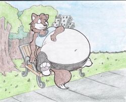  2013 anthro belly bench big_belly big_breasts bottomwear breasts brown_body brown_fur brown_hair building canid canine clothing female fox fur grass hair huge_belly hyper hyper_belly hyper_pregnancy mammal multicolored_body multicolored_fur navel pants plant pregnant pregnant_anthro pregnant_female runey_(runeyco) sidewalk sitting solo sweatpants topwear traditional_media_(artwork) tree two_tone_body two_tone_fur virus-20 white_body white_fur 