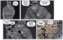  4_panel_comic anthro athletic athletic_anthro athletic_male badge belly breath canid canine canis clothing delgado dialogue domestic_dog duo electronics english_text eyewear german_shepherd greyscale headpat herding_dog hi_res hunter-husky male mammal monochrome overweight overweight_anthro overweight_male panting pastoral_dog police police_hat police_officer police_uniform sheriff_of_nottingham size_difference speech_bubble sunglasses taco_truck text tongue tongue_out uniform walkie-talkie wolf 