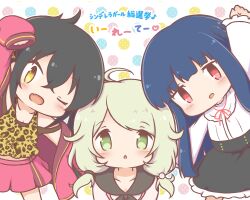  3girls :d animal_print black_hair black_skirt blonde_hair blue_hair blush braid breasts brown_eyes chibi cleavage collarbone commentary_request dress green_eyes hair_between_eyes hair_over_shoulder idolmaster idolmaster_cinderella_girls jacket leopard_print long_sleeves low_twintails matoba_risa mitarashi_neko multicolored_polka_dots multiple_girls off_shoulder open_clothes open_jacket pink_jacket pink_skirt pleated_skirt polka_dot polka_dot_background print_ribbon print_tank_top puffy_long_sleeves puffy_sleeves red_eyes ribbon sajo_yukimi shirt skirt sleeves_past_wrists small_breasts smile swept_bangs tank_top translation_request twintails white_background white_dress white_shirt yusa_kozue 