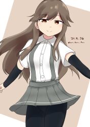  absurdres arashio_(kancolle) arm_warmers black_pantyhose blush border brown_background brown_eyes brown_hair clothes_lift collared_shirt commentary_request cowboy_shot dated dress_shirt female grey_skirt haruno_plum highres kantai_collection long_hair looking_at_viewer outside_border pantyhose parted_bangs pleated_skirt shirt short_sleeves sidelocks simple_background skirt skirt_lift smile solo standing suspenders twitter_username very_long_hair white_border white_shirt wind wind_lift 