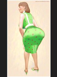  artist_name ass brown_hair dress earrings eyeshadow female from_behind full_body green_dress green_eyeshadow highres jewelry jimmy_neutron_(series) judy_neutron makeup male_focus metatwotimes patreon_username pillarboxed polka_dot polka_dot_dress sleeveless sleeveless_dress solo web_address 