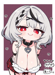  :q black_collar black_streaks blush border breasts cleavage collar commentary_request cowboy_shot female grey_hair half-closed_eyes hanging_breasts heart_collar highres hololive kani_bonara large_breasts leaning_forward looking_at_viewer multicolored_hair plaid_clothes plaid_skirt polka_dot polka_dot_background purple_background red_eyes red_skirt sakamata_chloe sakamata_chloe_(1st_costume) skirt solo spaghetti_strap streaked_hair tongue tongue_out translation_request virtual_youtuber white_border 