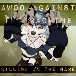  1:1 album album_cover_parody blue_hair canid canid_demon canine cel_shading colored_nails demon digital_media_(artwork) ear_piercing fur hair hellaverse hellhound helluva_boss hi_res kryptidikettu loona_(helluva_boss) mammal multiple_piercings mythological_canine mythological_creature mythology nails piercing red_eyes red_nails shaded simple_background soft_shading solo_focus text_box watermark white_body white_fur 