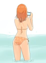  ass bikini cellphone commentary_request female from_behind holding holding_phone long_hair love_live! love_live!_superstar!! nonaka_kokoro orange_bikini orange_hair phone polka_dot polka_dot_bikini shibuya_kanon shoulder_blades side-tie_bikini_bottom smartphone solo swimsuit wading water 