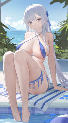  absurdres argus_(azur_lane) argus_(dignified_swimsuit_training)_(azur_lane) asymmetrical_bangs azur_lane bikini blue_bikini blunt_bangs braid breasts chinese_commentary ciexbiet cleavage commentary_request criss-cross_halter day female grey_eyes half_up_braid halterneck highres jewelry large_breasts long_hair looking_at_viewer neck_ring official_alternate_costume outdoors poolside sitting sky soaking_feet solo swimsuit very_long_hair water_drop white_hair 