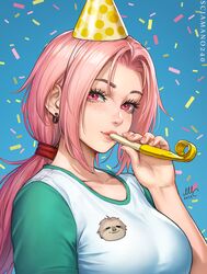  birthday chloe_(sciamano240) confetti cyan_background earring fingernails freckles looking_at_viewer mirco_cabbia nail_polish oc original original_character pink_eyes pink_hair pink_nail_polish pink_nails sciamano240 sloth smile smiling smiling_at_viewer t-shirt 