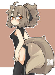  ahoge bare_shoulders black_dress black_ribbon black_thighhighs blush breasts brown_background brown_hair china_dress chinese_clothes dress female fox_tail hair_between_eyes hair_ribbon highres large_tail looking_at_viewer looking_to_the_side medium_breasts orange_eyes original ribbon simple_background tail thighhighs thighhighs_pull urushida 