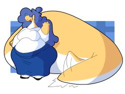  2026 4:3 absurd_res anthro belly big_belly big_breasts big_tail blue_bottomwear blue_clothing blue_hair blue_skirt bottomwear breasts cankles closed_eyes clothing dragon female gesture hair hi_res huge_tail hyper hyper_tail long_hair long_skirt long_tail ltoo ltoo_(sona) mythological_creature mythological_scalie mythology obese obese_female overweight overweight_female scalie skirt smile solo standing stomping tail waving waving_at_viewer white_belly white_blouse wide_hips yellow_body 