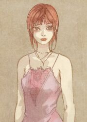  amesho0417 black_eyes brown_background closed_mouth commentary_request dress expressionless eyelashes female jewelry margot_(the_menu_(2022_movie)) necklace pink_dress red_hair red_lips short_hair solo spaghetti_strap the_menu_(2022_movie) upper_body 