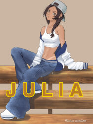  absurdres artist_name backwards_hat bare_shoulders bleachers blue_pants braid breasts brown_background brown_eyes brown_hair character_name collarbone commentary_request dark-skinned_female dark_skin denim eyelashes female full_body grey_hat gundam gundam:_hathaway's_flash hair_over_shoulder hat highres jacket jeans julia_suga long_hair long_sleeves midriff navel off_shoulder open_clothes open_jacket pants rima_atelier shoes simple_background sitting sleeves_past_fingers sleeves_past_wrists solo sports_bra tan tanlines white_jacket white_shoes white_sports_bra 