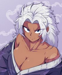  blue_eyes breasts cleavage collarbone cropped_torso curtained_hair dark-skinned_female dark_skin female from_above grey_hair halftone halftone_background highres japanese_clothes kimono large_breasts limehazard looking_at_viewer looking_up off_shoulder original purple_background sanpaku solo tsurime upper_body v-shaped_eyebrows 