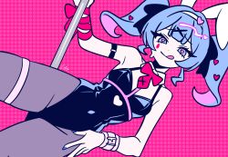  :q absurdres animal_ear_hairband animal_ears aqua_eyes aqua_hair bare_shoulders black_leotard blue_nails clothing_cutout commentary dot_nose english_commentary eyelashes facial_mark fake_animal_ears fingernails grey_pantyhose hair_ornament hairband hatsune_miku heart heart-shaped_pupils heart_cutout heart_hair_ornament highres leotard medium_hair nail_polish pantyhose pink_background pink_ribbon playboy_bunny pole polka_dot polka_dot_background rabbit_ear_hairband rabbit_ears rabbit_hole_(vocaloid) ribbon signature smile stripped_pole stripper_pole sweat symbol-shaped_pupils teardrop_facial_mark tongue tongue_out twintails user_jazz4252 vocaloid white_hairband 