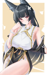  absurdres animal_ear_fluff animal_ears bare_shoulders black_dress black_hair blush breasts brown_background commentary_request cowboy_shot dress falling_leaves female flower fox_ears fox_girl hair_flower hair_ornament hand_up highres hoshimi_miyabi hoshimi_miyabi_(dignified_blossom) japanese_clothes kuro_(blackpgmickey) large_breasts leaf long_hair looking_at_viewer official_alternate_costume paid_reward_available parted_lips red_eyes sideboob solo sweat two-tone_dress white_dress white_flower zenless_zone_zero 