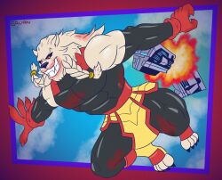  alternate_version_at_paywall anthro armor black_sclera blood blood_stain bodily_fluids braided_fur claws clothing digital_drawing_(artwork) digital_media_(artwork) dornian excited explosion falling fangs felid fur gavanzude glistening_muscles gloves handwear hi_res image_comics invincible_(image_comics) lion male mammal muscular pantherine red_eyes signature skinsuit sky solo spacecraft teeth thokk_(invincible) tight_clothing vehicle white_body white_fur 