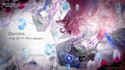  against_glass ahoge bare_shoulders commentary denia_(wuthering_waves) different_reflection dual_persona english_commentary english_text female glass_shards gloves hand_on_glass highres logo long_hair looking_at_reflection official_art pink_hair purple_eyes red_gloves reflection wuthering_waves 