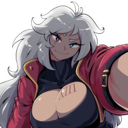  :3 antenna_hair big_hair black_shirt blue_eyes breast_tattoo bright_pupils cleavage_cutout clothing_cutout colored_eyebrows covered_collarbone cropped_arm cropped_torso dark-skinned_female dark_skin female fluffy_hair head_tilt heterochromia highres jacket limehazard long_hair original raised_eyebrow reaching reaching_towards_viewer red_eyes red_jacket scar scar_across_eye scar_on_face shirt signature smile smug solo swept_bangs tattoo tight_clothes tight_shirt tsurime upper_body wavy_hair white_background white_hair white_pupils 