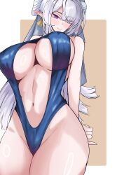  absurdres alternate_costume arms_behind_back blue_slingshot_swimsuit blush border breasts brown_background closed_mouth commentary cowboy_shot earrings english_commentary female gato-san grey_hair hair_over_one_eye highres jewelry large_breasts long_hair looking_at_viewer navel pointy_ears purple_eyes simple_background slingshot_swimsuit smile solo swimsuit velina_airgid very_long_hair white_border zenless_zone_zero 