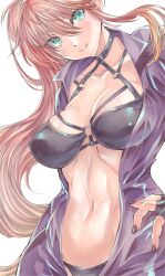  absurdres black_bra black_panties blonde_streaks bodysuit bra breasts brown_nails cleavage closed_mouth commentary_request cowboy_shot criss-cross_halter double-parted_bangs eiyuu_densetsu female floating_hair green_eyes hair_between_eyes halterneck head_tilt high_ponytail highres judith_lanster kuro_no_kiseki_(series) kuro_no_kiseki_i large_breasts long_hair long_single_sidelock looking_at_viewer multicolored_hair nail_polish navel open_bodysuit open_clothes panties pink_hair ponytail purple_bodysuit single_sidelock smile solo stomach streaked_hair toned toned_female underwear upper_body very_long_hair wochi 