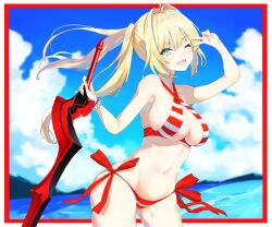  :d ;d ahoge ass_visible_through_thighs bare_arms bikini blonde_hair blue_sky border bow bow_bikini bracelet breasts cleavage cloud collarbone commentary_request cowboy_shot criss-cross_halter cumulonimbus_cloud day deep_skin fate/grand_order fate_(series) female green_eyes groin hair_intakes halterneck hands_up happy highres holding holding_sword holding_weapon jewelry large_breasts long_hair looking_at_viewer mabotofu navel nero_claudius_(fate) nero_claudius_(swimsuit_caster)_(fate) ocean one_eye_closed open_mouth outdoors outside_border red_bikini red_bow side-tie_bikini_bottom sidelocks skindentation sky smile solo stomach striped_bikini striped_clothes swimsuit sword twintails v v_over_eye very_long_hair weapon white_border 