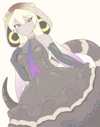  bare_shoulders blonde_hair brown_background commentary_request dress elbow_gloves female gloves highres hood kemono_friends king_cobra_(kemono_friends) long_hair looking_at_viewer lowlandgorilla necktie simple_background skirt sleeveless slit_pupils snake_girl snake_tail solo tail yellow_eyes 