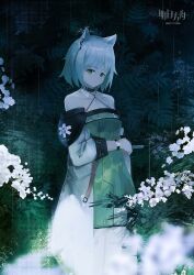  596104831 animal_ears arknights bare_shoulders black_choker breasts cat_ears cat_girl choker closed_mouth collarbone commentary_request copyright_name cowboy_shot criss-cross_halter dress female flower green_dress green_eyes grey_hair halterneck highres kal'tsit_(arknights) long_sleeves looking_at_viewer material_growth off-shoulder_dress off_shoulder oripathy_lesion_(arknights) plant rain short_hair solo standing watch white_flower white_hair wristwatch 