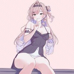  absurdres ahoge bare_shoulders black_dress blush breasts brown_hair cleavage colored_inner_hair commentary cosplay covered_navel denia_(wuthering_waves) denia_(wuthering_waves)_(cosplay) dress drill_hair earrings feet_out_of_frame female finger_to_mouth frills green_eyes hair_bun hair_ornament hairband hairclip highres index_finger_raised jewelry korean_commentary long_hair looking_at_viewer medium_breasts multicolored_hair one_side_up pink_background polka_dot polka_dot_background purple_hair rapid17 ringlets shushing single_side_bun sitting smile solo strap_slip thighs very_long_hair viichan virtual_youtuber waktaverse wuthering_waves 