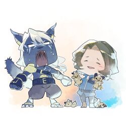  anthro armor bandai_namco black_body black_fur bluesugar1062 blush bottomwear chibi clothing digimon digimon_(species) digimon_beatbreak doll duo felid fur human kyo_sawashiro male mammal murasamemon muscular muscular_anthro muscular_male pantherine pants pauldron shocked 