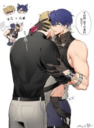  !? 2boys absurdres anger_vein animal_ear_fluff animal_ears aqua_eyes back bare_shoulders belt black_belt black_sweater blonde_hair blue_eyes blue_hair brown_gloves brown_shirt cat_ears chinese_commentary chinese_text clenched_hand collared_shirt crying crying_with_eyes_open dark_blue_hair dated dog_ears flying_sweatdrops gepard_landau gloves grey_hair grey_pants hair_between_eyes hand_on_another&#039;s_head hand_up highres honkai:_star_rail honkai_(series) hug kemonomimi_mode looking_at_another male_focus moyu_16y multicolored_hair multiple_boys muscular muscular_male open_mouth pants purple_pants sampo_koski shirt short_hair simple_background sleeveless sleeveless_shirt smile speech_bubble standing sweater tears teeth thought_bubble translation_request two-tone_hair v-shaped_eyebrows white_background yaoi 