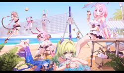  6+girls absurdres animal_ears ball beach beach_umbrella beach_volleyball bikini bikini_skirt blue_eyes blue_hair blue_one-piece_swimsuit blue_sky breasts brown_hair can_(honkai_impact) cat_ears cat_girl cat_tail dress elysia_(honkai_impact) elysia_(miss_pink_elf)_(honkai_impact) elysia_(summer_miss_elf)_(honkai_impact) eyewear_on_head feline flat_chest fu_hua green_hair grey_hair griseo griseo_(starry_impression) headband heart heart-shaped_eyewear highres holding holding_ice_cream_cone honkai_(series) honkai_impact_3rd ice_cream_cone long_hair looking_at_viewer midriff mobius_(daughter_of_corals)_(honkai_impact) mobius_(honkai_impact) multiple_girls navel ocean one-piece_swimsuit pardofelis_(midsummer_collector)_(honkai_impact) pink_hair qing_shi_mang_xue_(user_faem7575) rabbit_ears sakura_(honkai_impact) sand score scoreboard short_hair sky slit_pupils small_breasts summer swimsuit tail thigh_strap umbrella vill-v vill-v_(i&#039;m_the_storm) volleyball volleyball_(object) volleyball_net white_bikini white_cat white_dress white_headband 