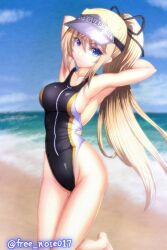  arms_behind_head beach black_one-piece_swimsuit blonde_hair blue_eyes blue_sky cloud competition_swimsuit cornelia_(sennen_sensou_aigis) day feet_out_of_frame free_note017 highleg highleg_swimsuit horizon long_hair multicolored_clothes multicolored_swimsuit ocean one-piece_swimsuit outdoors sennen_sensou_aigis sky standing standing_on_one_leg swimsuit twitter_username visor_cap 