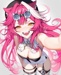  animal_ear_fluff animal_ears ark_evil02 bandaid bandaid_on_face bare_shoulders beret black_tube_top blurry blush breasts brooch cleavage covered_nipples depth_of_field downblouse fangs female from_above goggles goggles_on_head hair_intakes hat highres hololive hololive_english jewelry large_breasts leaning_forward long_hair looking_at_viewer multicolored_hair open_mouth panther_ears panther_girl panther_tail pink_hair raora_panthera selfie simple_background skindentation smile solo strapless streaked_hair tail tube_top very_long_hair virtual_youtuber white_background yellow_eyes 