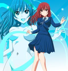  22/7 absurdres blue_background blue_dress blue_necktie breasts collarbone completely_nude dress flower gentoku hair_flower hair_ornament highres long_hair long_sleeves looking_at_viewer navel necktie nude pleated_skirt projected_inset red_eyes red_hair sato_reika skirt smile straight_hair uniform white_flower 