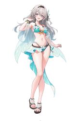  alternate_costume aqua_bikini aqua_hair aqua_nails bare_shoulders bikini black_footwear black_hairband breasts cleavage female firefly_(honkai:_star_rail) full_body gradient_hair grey_hair hair_between_eyes hair_ornament hairband hand_up highres honkai:_star_rail honkai_(series) long_hair looking_at_viewer multicolored_eyes multicolored_hair navel open_mouth sandals simple_background smile standing stomach swimsuit ttosom white_background 