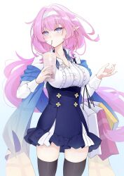  absurdres bag black_thighhighs blue_eyes blue_skirt breasts bubble_tea drinking elf elysia_(coco)_(honkai_impact) elysia_(honkai_impact) elysia_(miss_pink_elf)_(honkai_impact) female hair_between_eyes headband highres honkai_(series) honkai_impact_3rd large_breasts long_hair looking_at_viewer pink_hair pink_nails pink_pupils pointy_ears qingye_ling shirt shopping_bag skirt thighhighs thighs white_background white_headband white_shirt zettai_ryouiki 