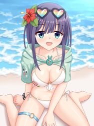  barefoot beach between_legs bikini blue_eyes breasts capelet cleavage collarbone commentary_request feet female floral_print flower from_above hair_flower hair_ornament halterneck hand_between_legs hibiscus highres large_breasts looking_at_viewer medium_hair misora_(princess_connect!) misora_(summer)_(princess_connect!) multicolor-tinted_eyewear navel ocean on_ground open_mouth partial_commentary princess_connect! print_bikini purple_hair rabbit_ornament rainbow-tinted_eyewear sand short_sleeves side-tie_bikini_bottom sidelocks sitting solo swimsuit tamba_i thigh_strap wariza white_bikini 