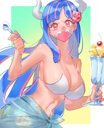  alternate_costume bikini blue_hair blue_nails blue_sarong breasts cherry cleavage covered_mouth cup curled_horns dessert female fingernails flower food fruit glass hair_flower hair_ornament holding holding_cup holding_spoon horns ice_cream large_breasts long_hair looking_at_viewer mask mouth_mask multicolored_hair nail_polish navel one_piece pineapple pineapple_print pink_eyes pink_hair pink_mask raine_(acke2445) sarong see-through see-through_sarong solo spoon streaked_hair sundae swimsuit ulti_(one_piece) white_horns 