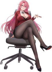  artist_request azur_lane blue_eyes breasts chair cleavage crossed_legs duke_of_york_(azur_lane) duke_of_york_(the_chic_counselor)_(azur_lane) female full_body high_heels highres holding large_breasts long_hair looking_at_viewer mechanical_pencil office_chair official_art pantyhose parted_lips pencil pink_hair pointy_ears sitting smile solo swivel_chair 