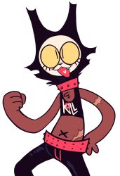  2023 anthro big_eyes bottomwear brown_body brown_fur clothing collar crop_top cute_fangs digital_drawing_(artwork) digital_media_(artwork) domestic_cat eyelashes felid feline felis fingers fist front_view fur hi_res male mammal midriff navel open_mouth open_smile pants pink_collar qwerty_soda scar shirt simple_background smile solo topwear white_background x_navel yellow_sclera 