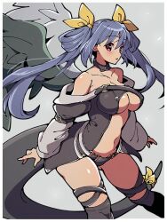  angel_wings bare_shoulders belt black_panties black_thighhighs blue_hair border breasts center_opening collarbone detached_sleeves dizzy_(guilty_gear) female guilty_gear guilty_gear_x guilty_gear_xx hair_between_eyes hair_ribbon hair_rings highres itsuka_neru large_breasts long_hair long_sleeves monster_girl navel panties puffy_long_sleeves puffy_sleeves red_eyes ribbon sideboob solo tail tail_ornament tail_ribbon thighhighs thighs twintails underboob underwear white_border wings yellow_ribbon 