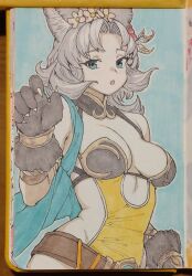  animal_ears animal_hands armlet breasts cat_ears cat_paws cleavage dark-skinned_female dark_skin erune female flower flower_wreath gloves granblue_fantasy grey_hair hair_flower hair_ornament head_wreath highres houtengeki marker_(medium) melleau paw_gloves solo traditional_media 