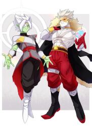  2boys arm_cuffs bad_id bad_pixiv_id belt belt_buckle black_pants blonde_hair boots border buckle choker coat colored_skin commentary_request cube detached_sleeves dragon_ball dragon_ball_heroes earrings energy eyepatch full_body fur-trimmed_coat fur_trim fused_zamasu gloves gold_earrings green_skin grey_eyes halo hearts_(dragon_ball) holding holding_clothes jacket jewelry looking_at_viewer male_focus multicolored_skin multiple_boys muscular muscular_male nana_tsuba_(pixiv78353289) official_alternate_costume open_hands pants pointy_ears pointy_footwear potara_earrings red_eyes red_gloves red_pants scar scar_on_chest short_hair smirk spiked_hair tinted_eyewear torn_clothes two-tone_skin unworn_jacket white_border white_footwear white_hair yellow-tinted_eyewear yellow_skin 