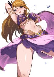  absurdres ahoge arabian_clothes arm_up armlet armpits ass_visible_through_thighs blue_eyes blush breasts brown_hair dancer female flower hair_flower hair_ornament harem_outfit highres ichi_k_y idolmaster idolmaster_million_live! idolmaster_million_live!_theater_days large_breasts long_hair looking_at_viewer looking_down midriff navel open_mouth shawl simple_background smile solo sweat swept_bangs thighs tokoro_megumi underboob white_background 