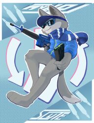  anthro assault_rifle bottomless canid canine canis clothed clothing eyewear glasses gun hat headgear headwear hi_res jacket m16 male mammal pixile_studios ranged_weapon rifle scarf solo super_animal_royale topwear torau visor_cap weapon wolf 