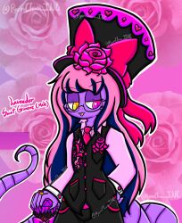  anthro arbok clothing eyewear flower generation_1_pokemon glasses hair hat headgear headwear heterochromia hi_res lavender_(lewdchuu) lewdchuu_(artist) male necktie nintendo pink_eyes pink_hair plant pokemon pokemon_(species) purple_body rule_63 solo suit yellow_eyes 